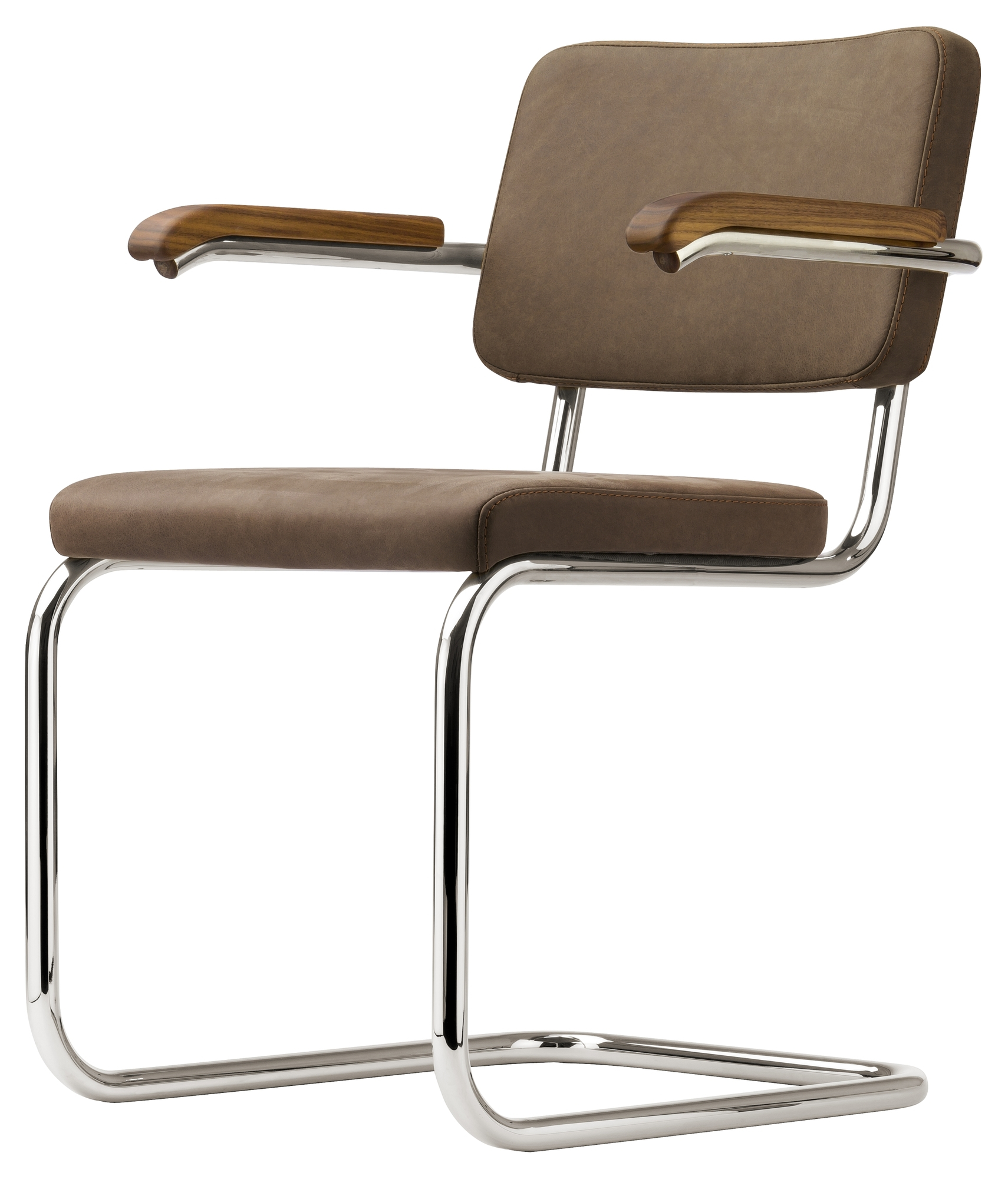 S 64 PV Thonet Freischwinger mit Stahlrohrgestell und braunem Lederbezug, Armlehnen aus Holz. Klassisches Design.