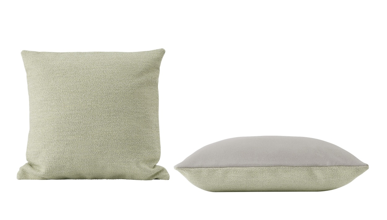 Mingle Cushion Kissen von Muuto: Zwei Kissen in Grün und Grau, rechteckig und länglich.