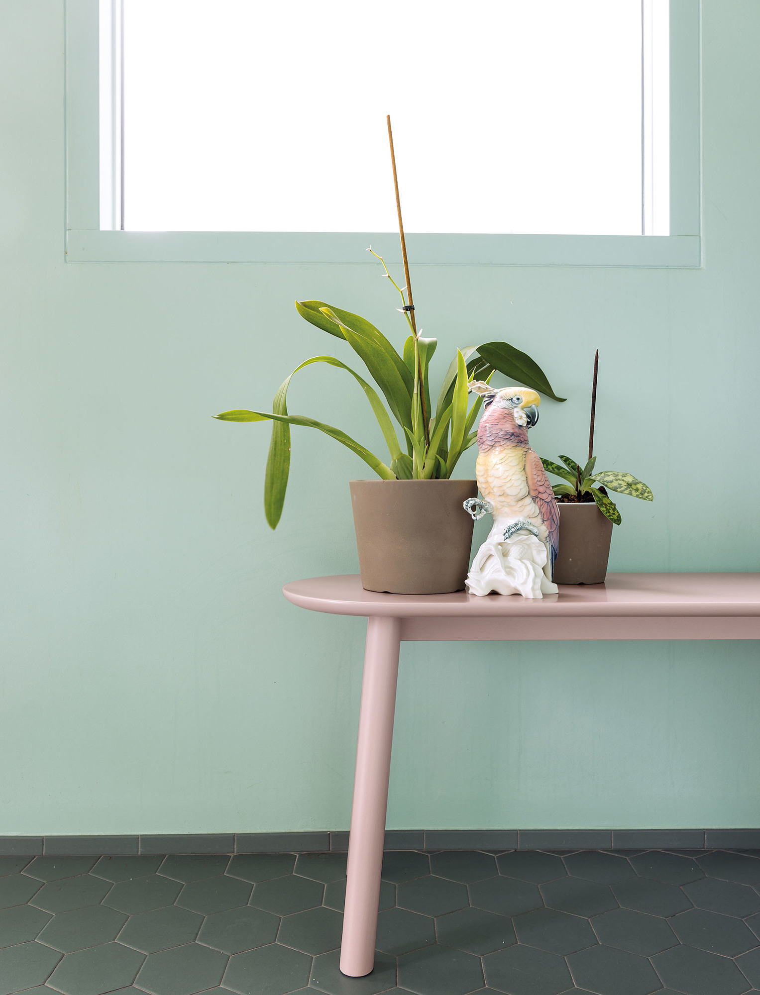 Schönbuch Mala Sitzbank 120 cm in Rosa mit Topfpflanzen und Papageienfigur auf mintgrünem Hintergrund.