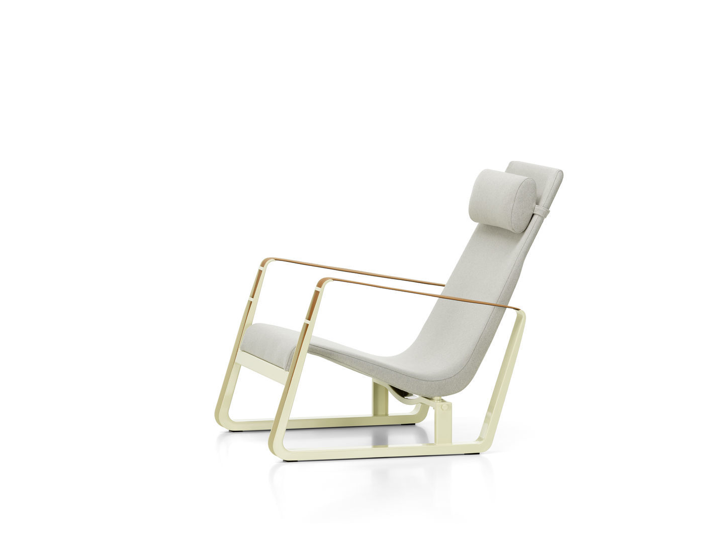 Vitra CitÉ Sessel, moderner Loungesessel mit Armlehnen und Kopfstütze, Stoffbezug in hellem Grau, Gestell Beige.