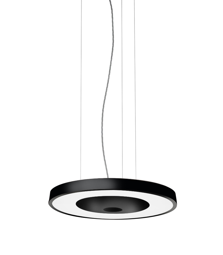 Schwarze Disk Pendelleuchte von Belux mit 4000K Lichtfarbe, moderne Hängeleuchte für Innenräume.