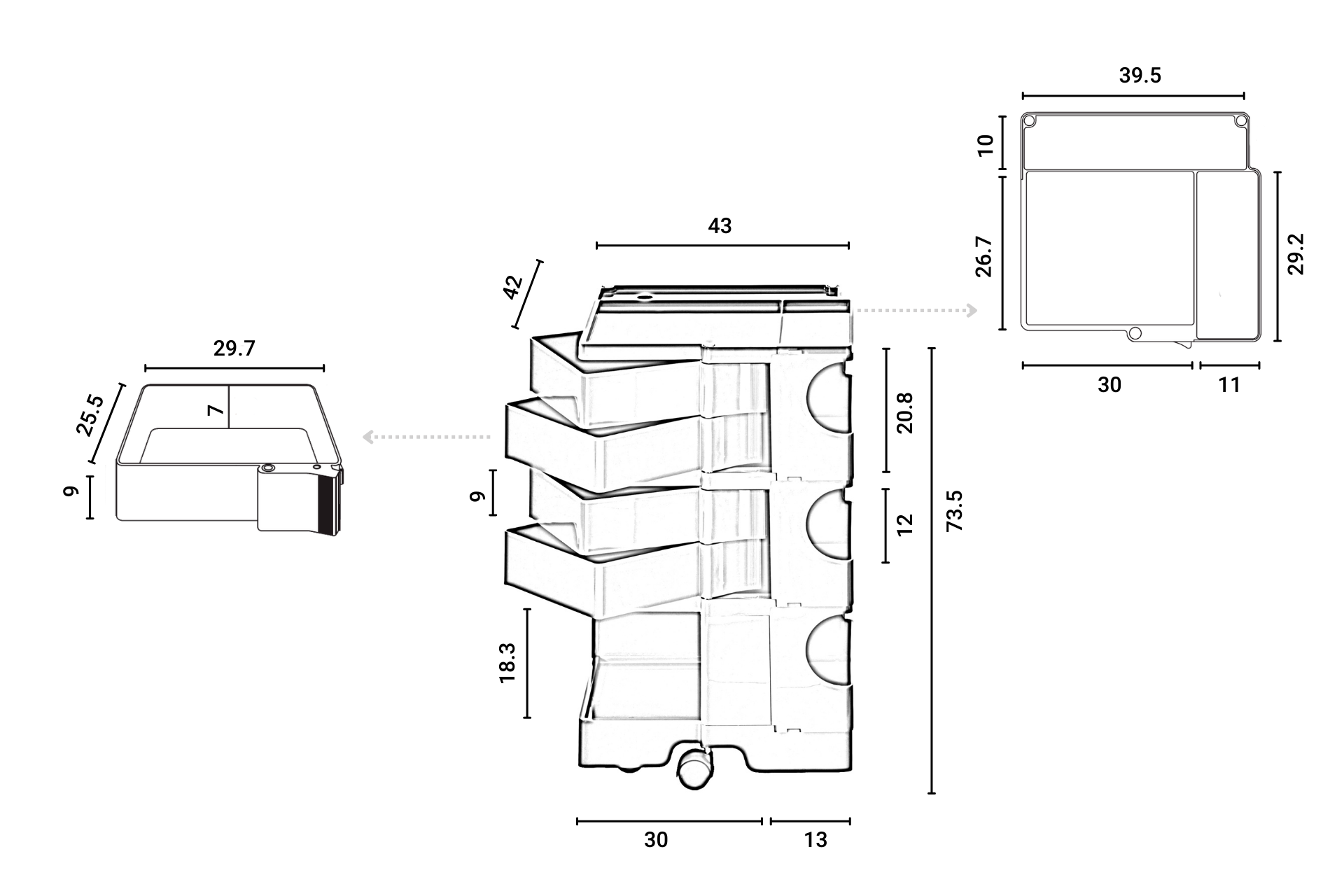 Maßzeichnung Boby B34 Rollcontainer: Technische Details und Abmessungen des Design-Klassikers für Büro und Zuhause.