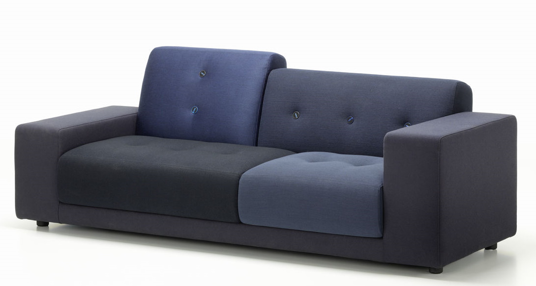 Vitra Polder Compact Sofa in verschiedenen Blautönen, modernes Design Sofa mit Knopfdetails.