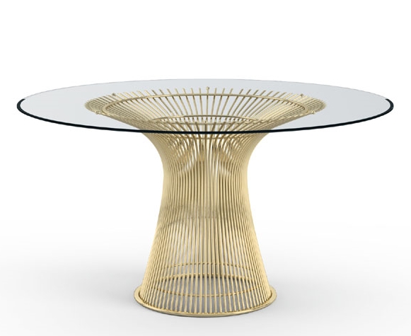 Platner Tisch mit Glasplatte und goldfarbenem, skulpturalem Drahtgestell für Esszimmer oder Wohnbereich.