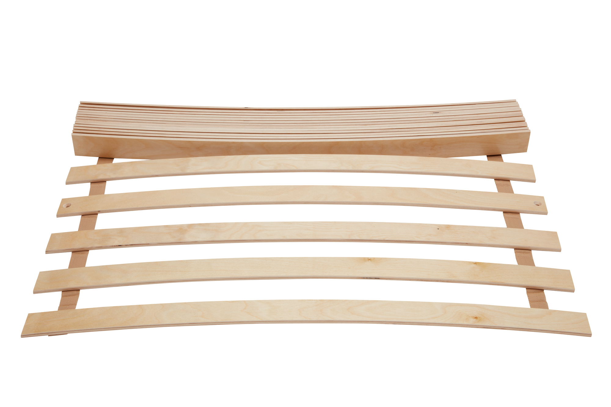 Lattenrost Rollrost für Müller Möbelwerkstätten Stapelliege, 190x140 cm, aus hellem Holz.