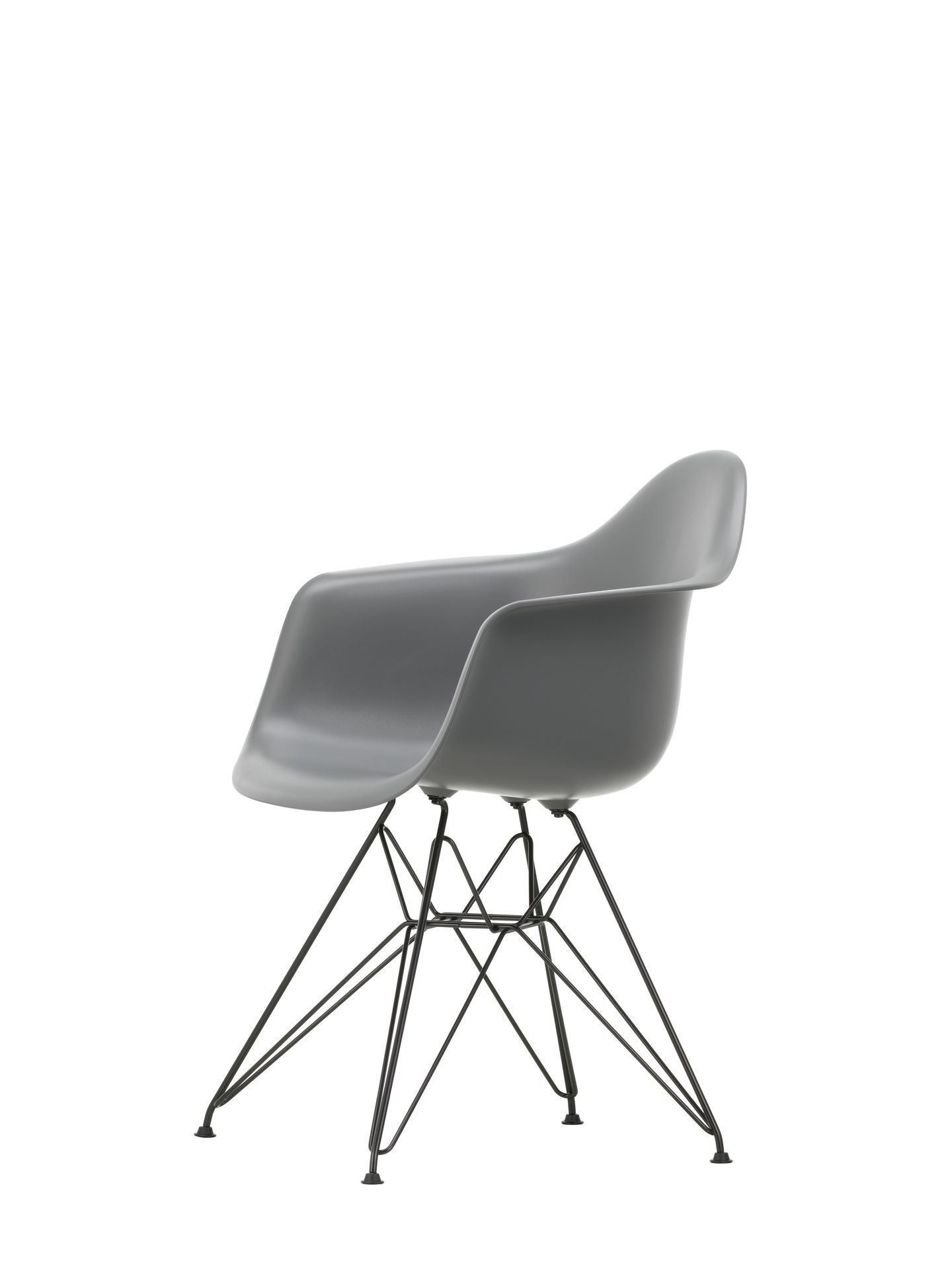 Eames Plastic Arm Chair DAR Stuhl Vitra in Forest, moderner Designklassiker mit schwarzem Eiffelturm-Gestell.