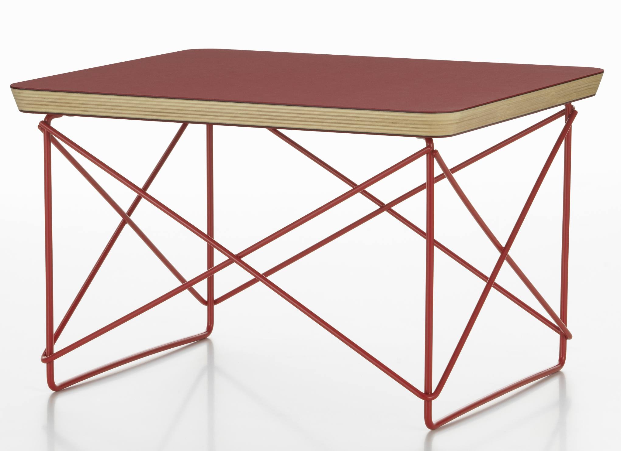 Vitra LTR Occasional Table: Beistelltisch mit dunkelroter Linoleum-Tischplatte und rotem Drahtgestell.