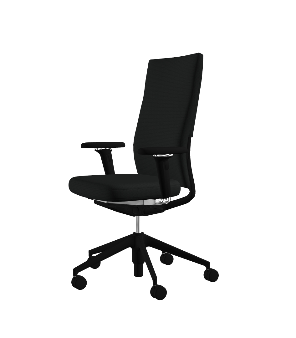 Schwarzer ID Chair Bürostuhl von Vitra mit hoher Rückenlehne und Armlehnen auf Rollen.