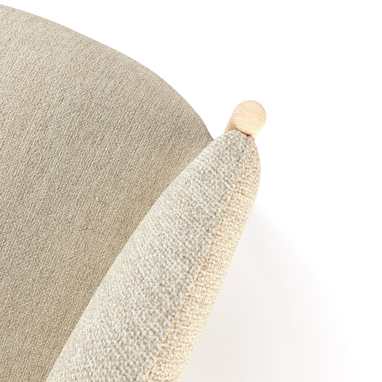 Detailaufnahme vom Kagu Stuhl mit Armlehne, beige Stoffbezug und hellem Holzgestell, modernes Möbeldesign.