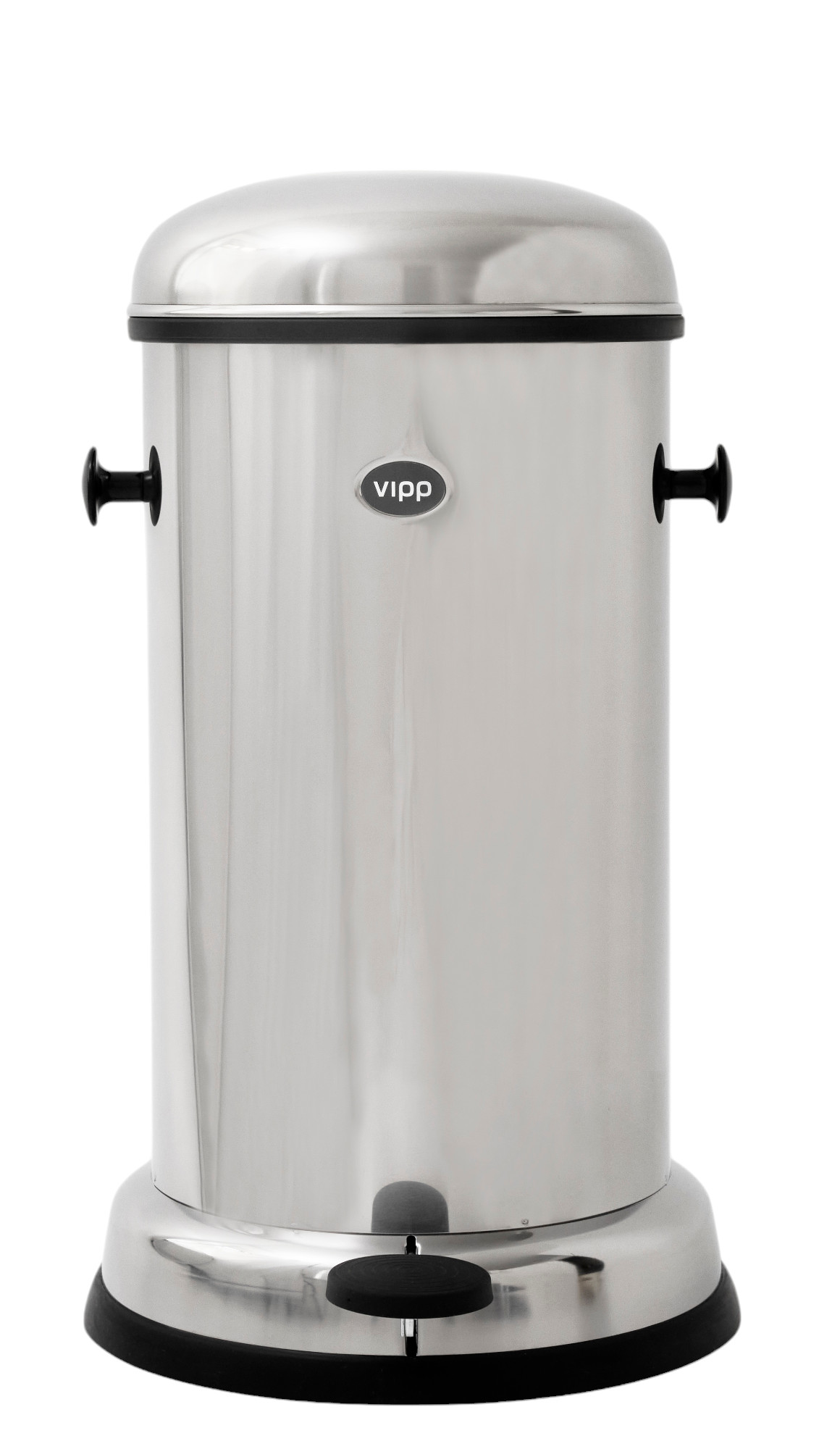 Edelstahl Treteimer von Vipp, 14 Liter, mit Fußpedal und schwarzen Details.