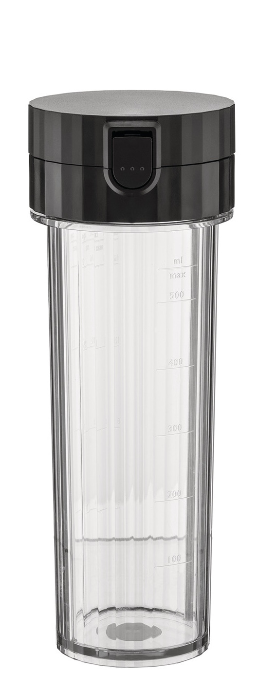 Alessi Plissé Smoothie Maker, leerer Behälter mit schwarzem Deckel und Füllstandsanzeige.