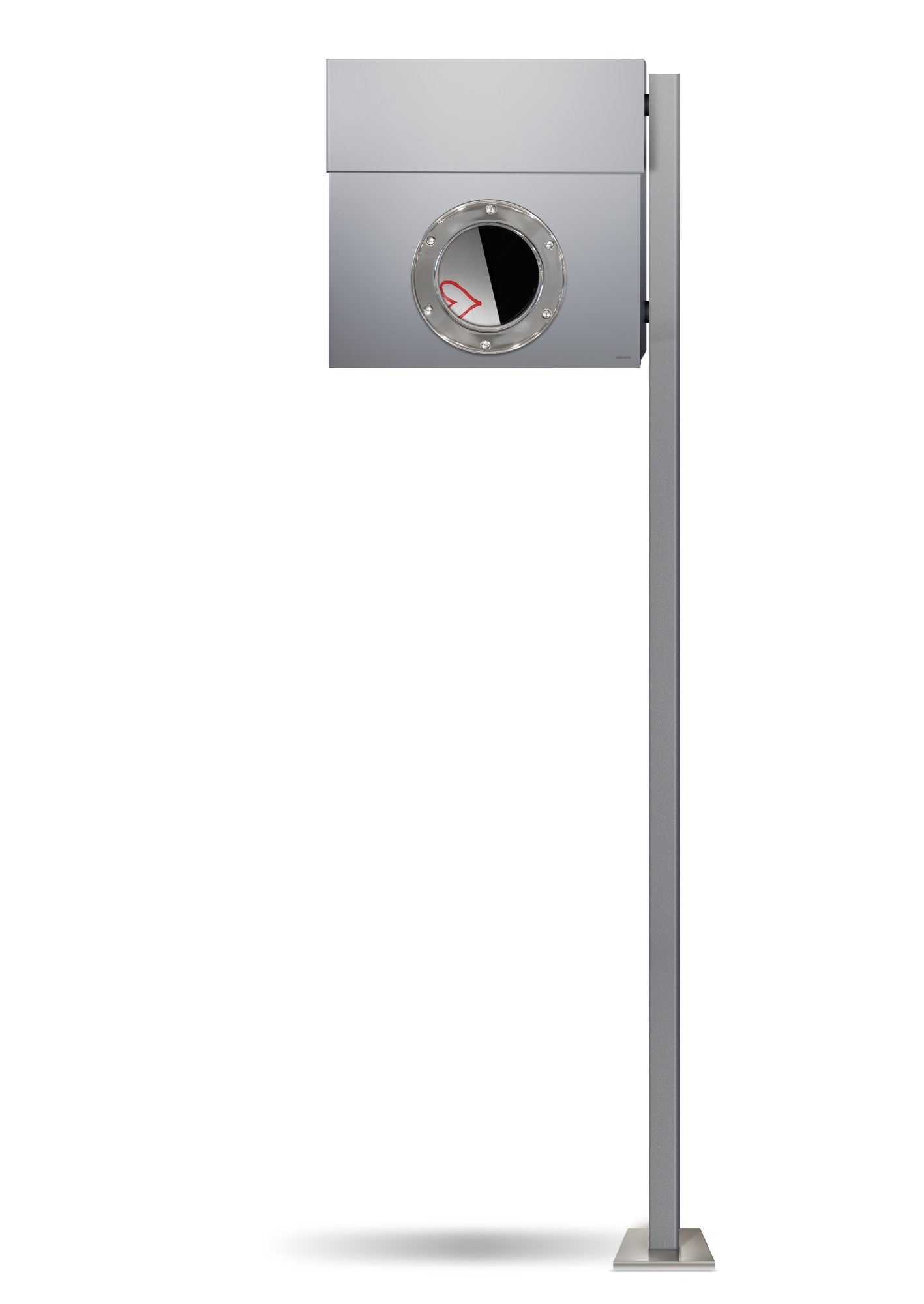 Moderner Letterman I Briefkasten Radius in Silber mit Zeitungsfach und Bullauge, freistehend.