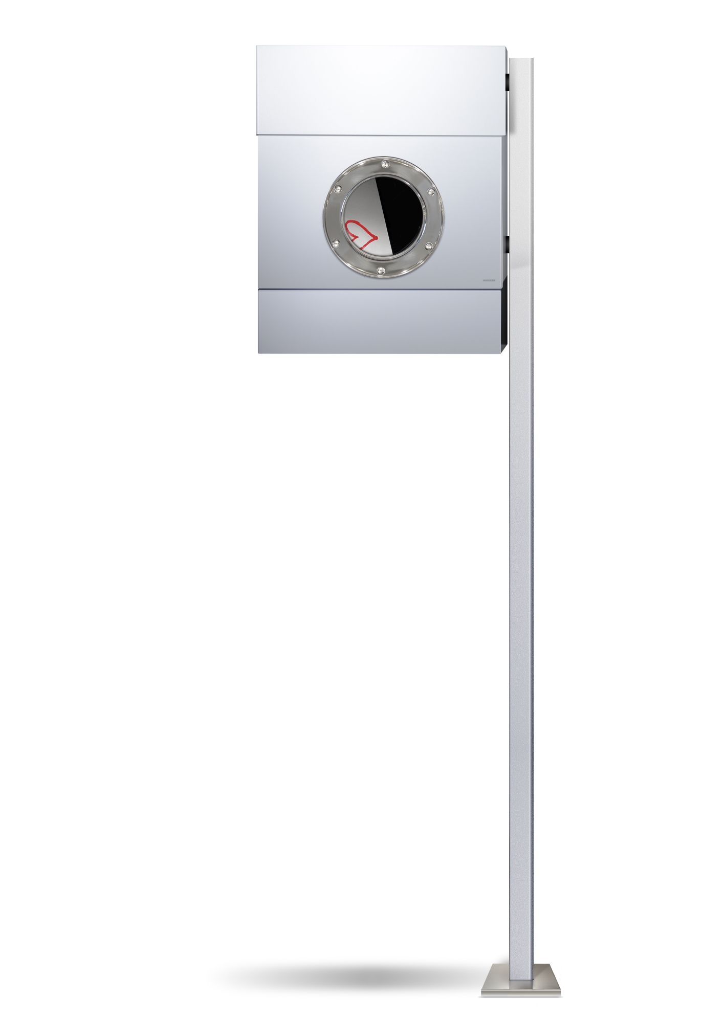 Freistehender Letterman II Briefkasten Radius in Silber mit Bullauge und Zeitungsfach, modernes Design für den Außenbereich.