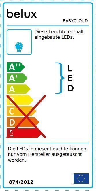 Belux Babycloud LED-Leuchte Energieeffizienzlabel mit A++ Bewertung und Hinweis zum Austausch der LEDs.