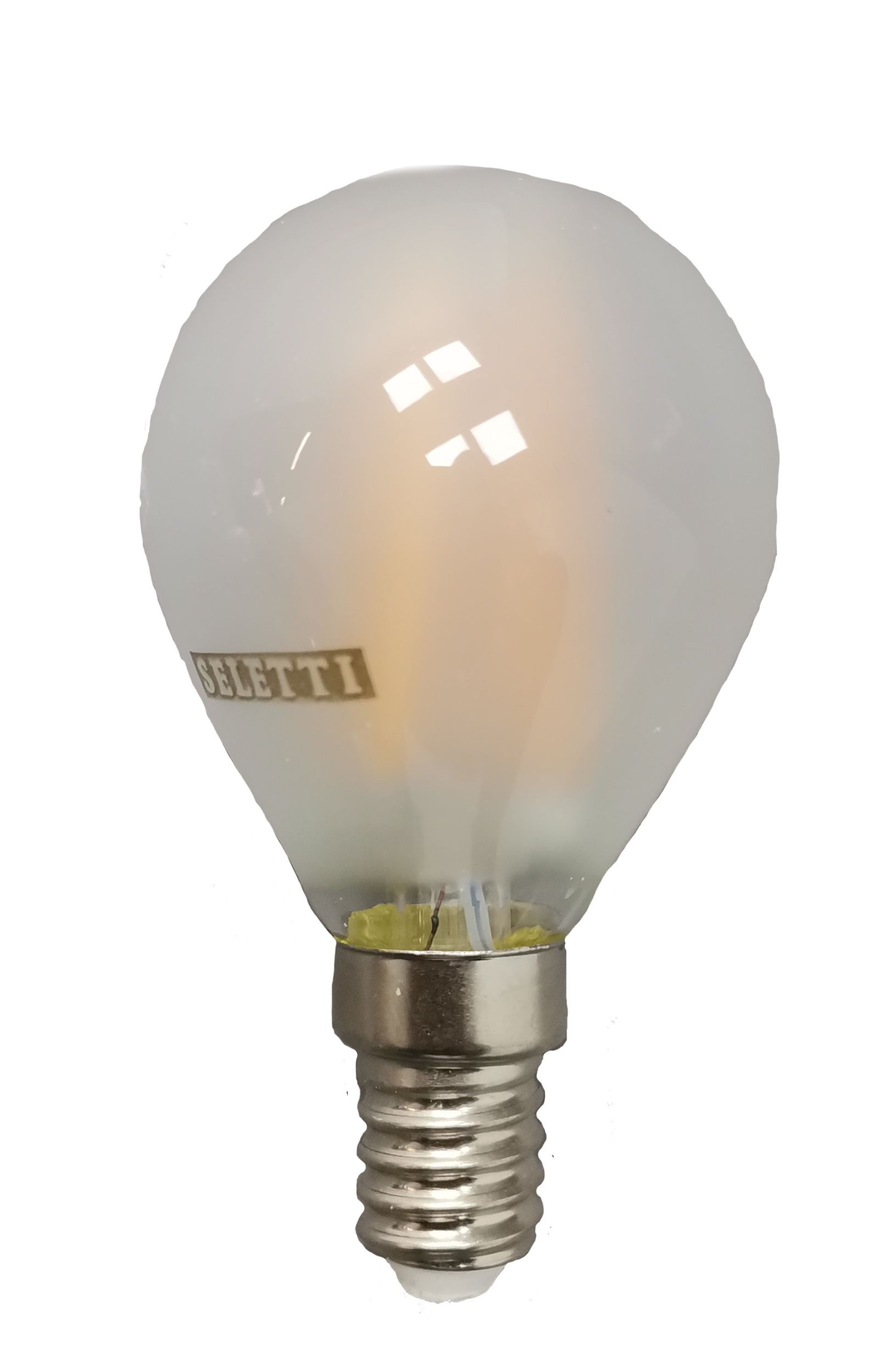 Nahaufnahme des Seletti LED Leuchtmittels für Monkey Lamp, warmweißes Licht, E14 Fassung.