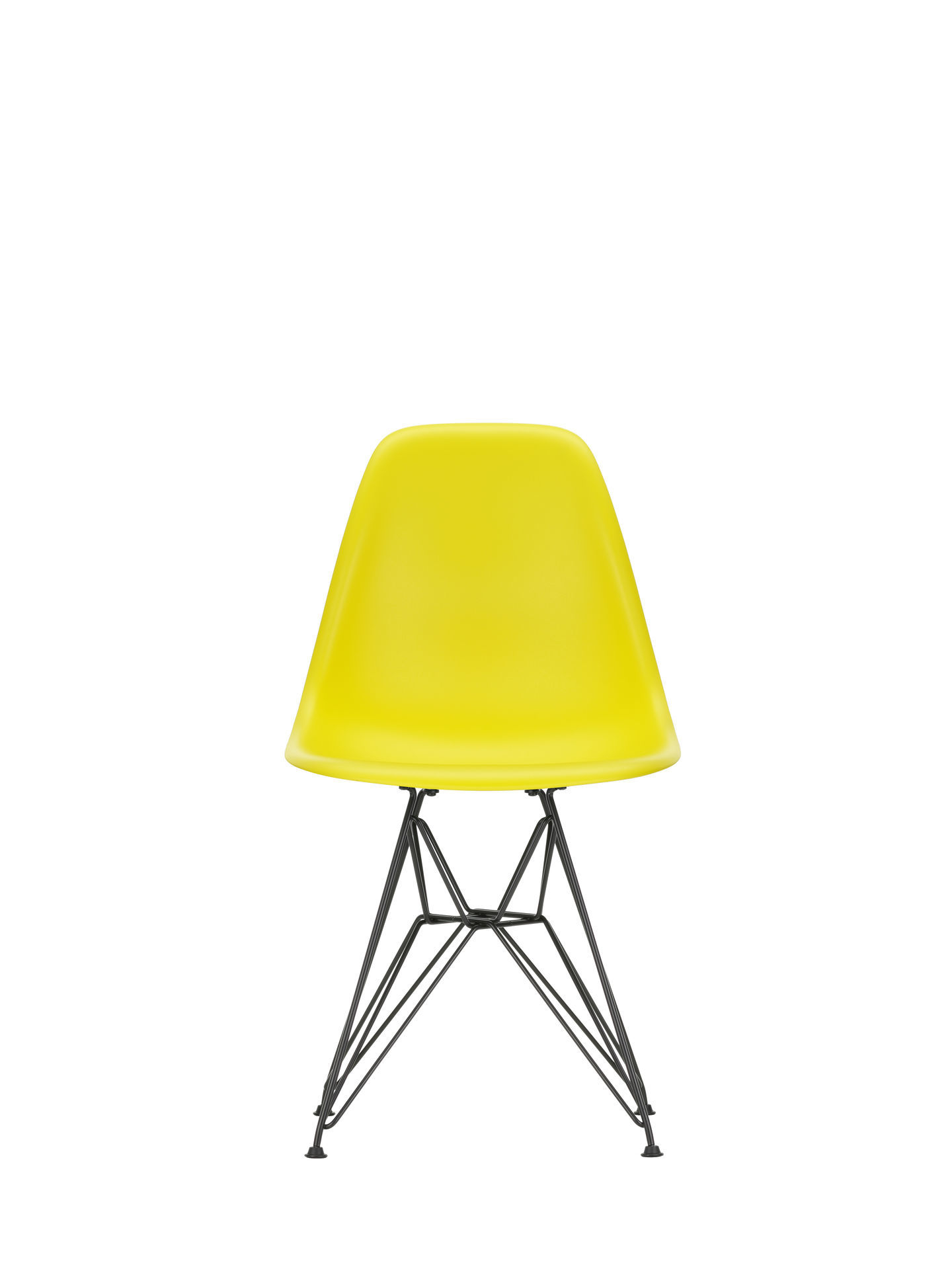 Gelber Eames Plastic Side Chair DSR von Vitra mit verchromtem Gestell, Frontansicht, Designklassiker.