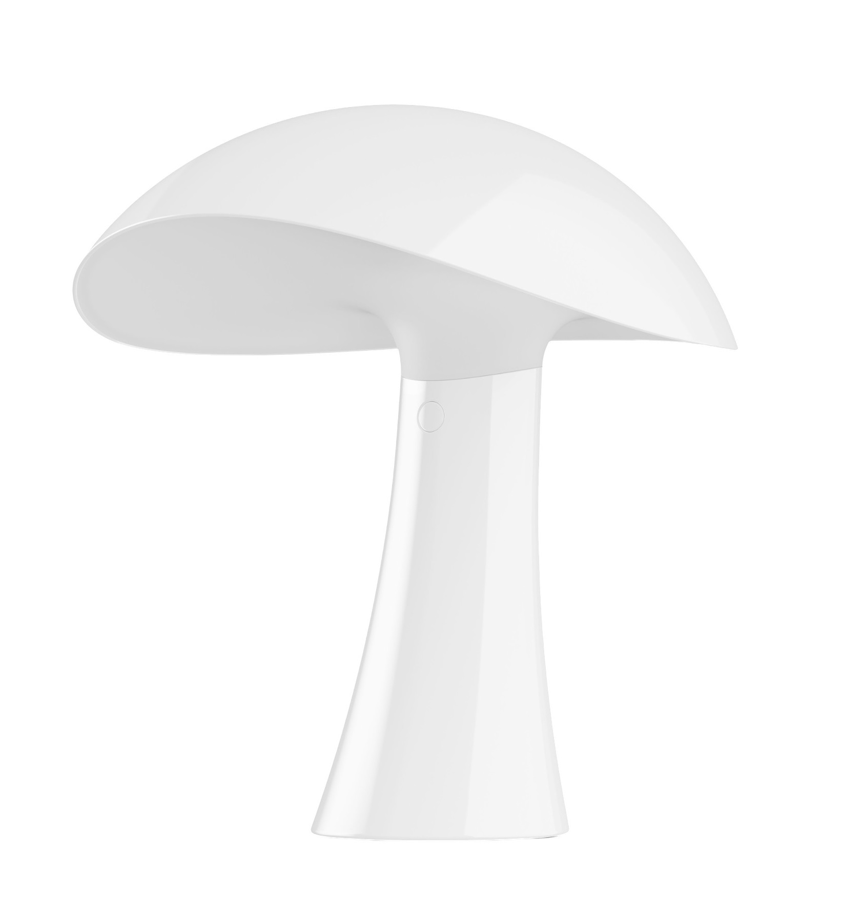 Weiße Rumee Akkuleuchte von Louis Poulsen, pilzförmiges Design für Innen- und Außenbereich.