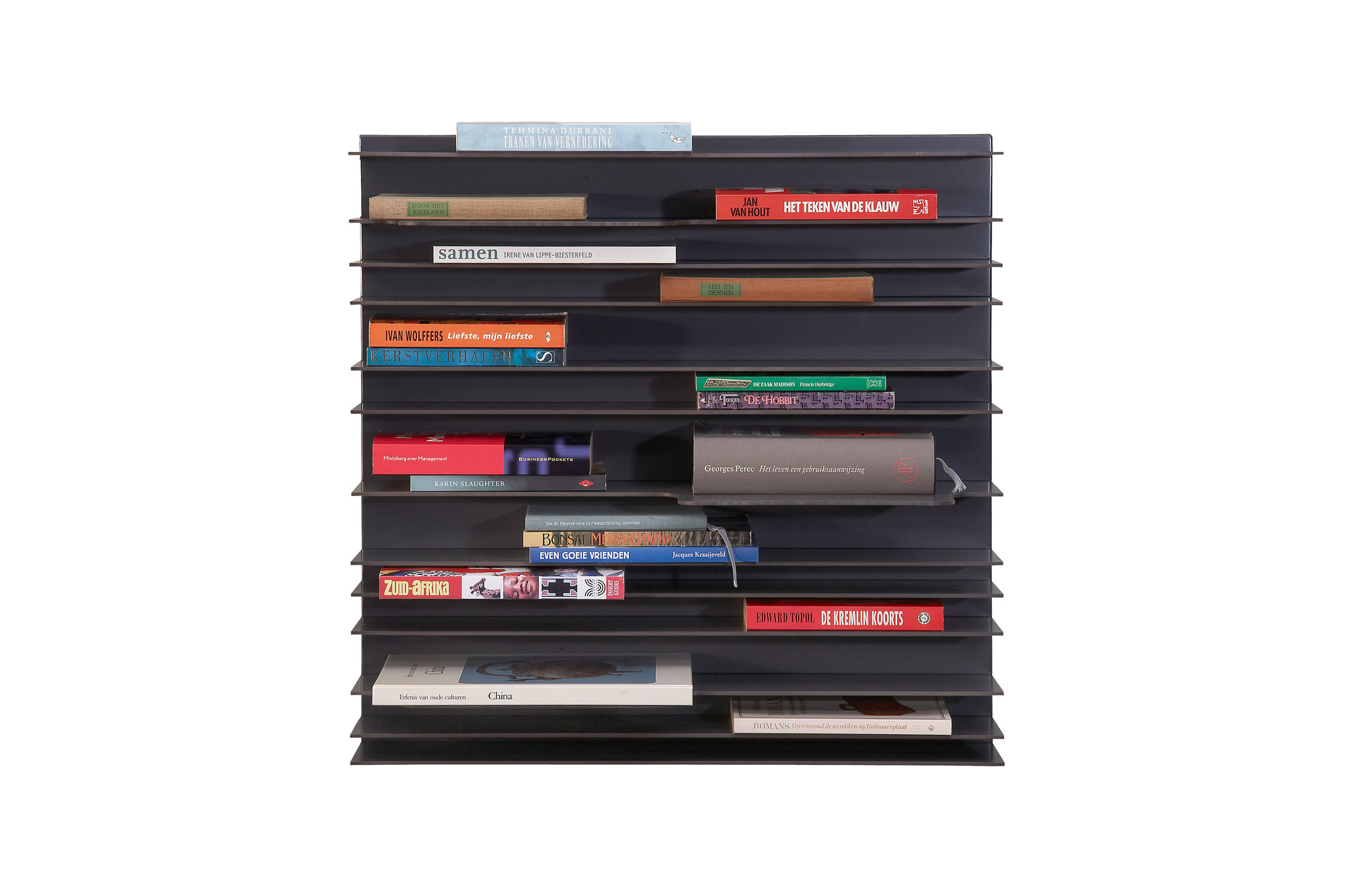 Anthrazitfarbenes Bücherregal im Paperback-Design, 30x60 cm, gefüllt mit Büchern. Modernes Wandregal für Wohnzimmer oder Büro.