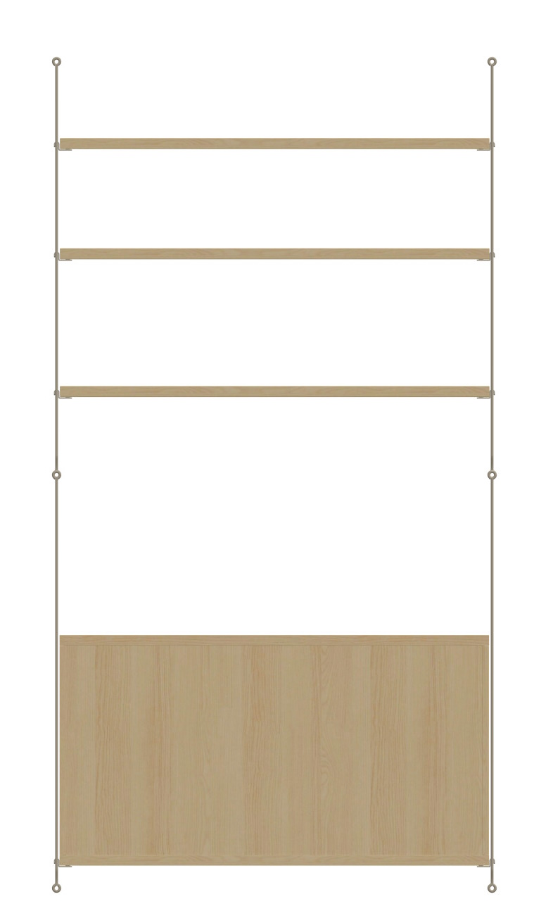 Arbeitsplatz KONFIGURATIONEN: String Furniture Regalsystem mit drei Regalböden und einer Holzplatte.