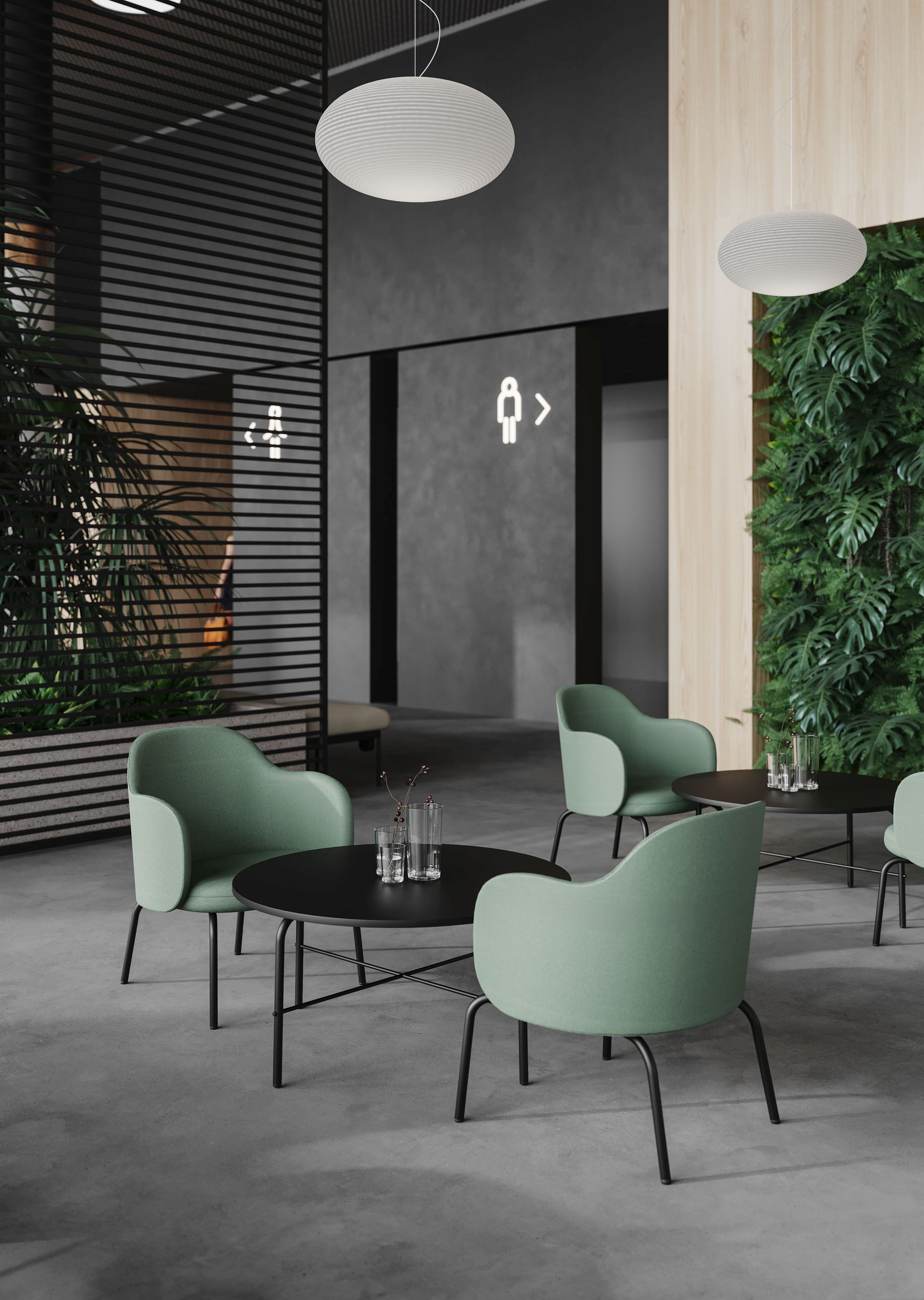 Moderner Besprechungsraum mit Flos FS TB RC H Couchtisch Bejot, grünen Stühlen und stilvoller Beleuchtung für Büros.