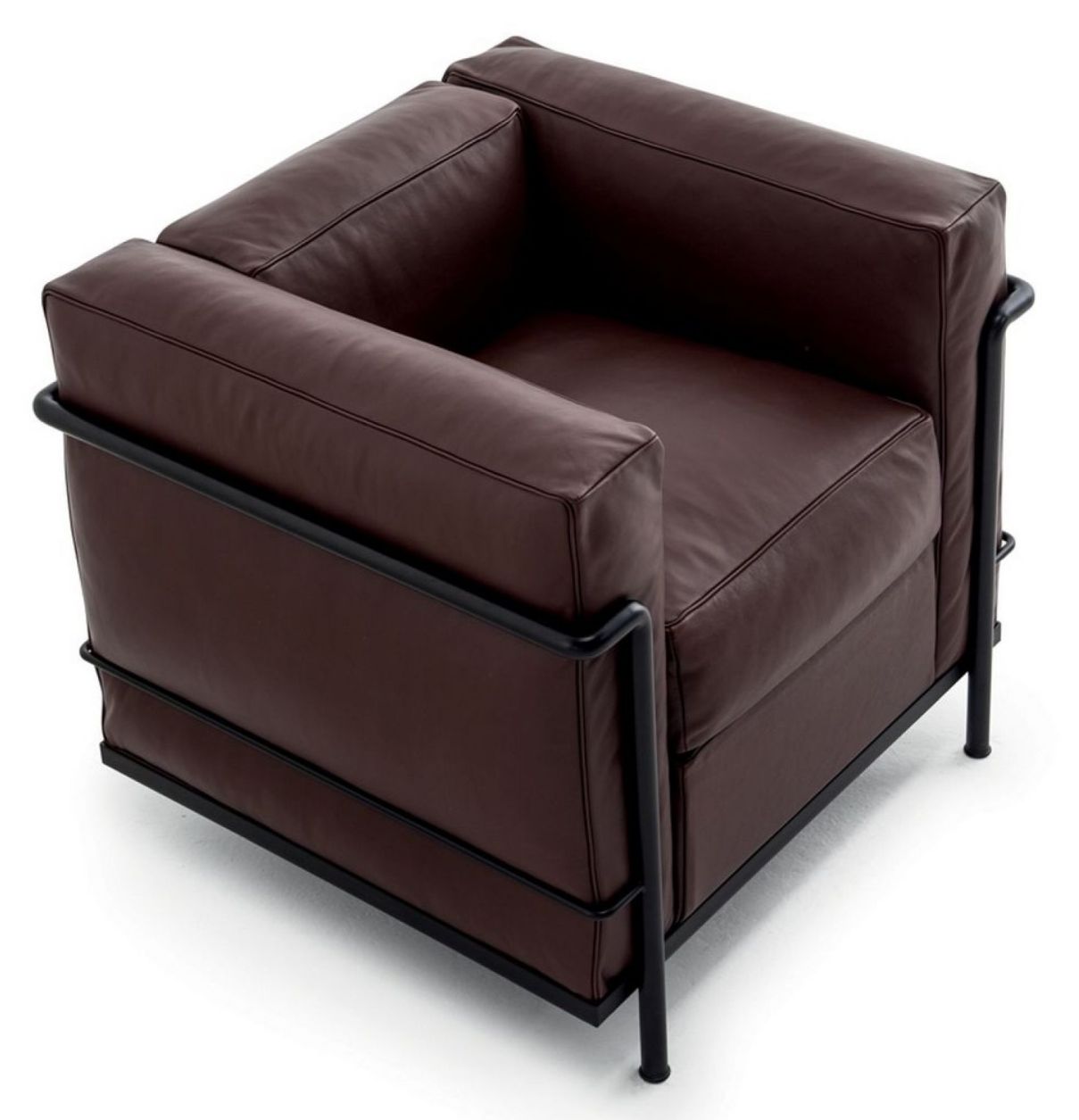 Brauner Ledersessel "Grand Confort Petit Modèle" von Cassina mit schwarzem Stahlrohrgestell, Ansicht von oben.