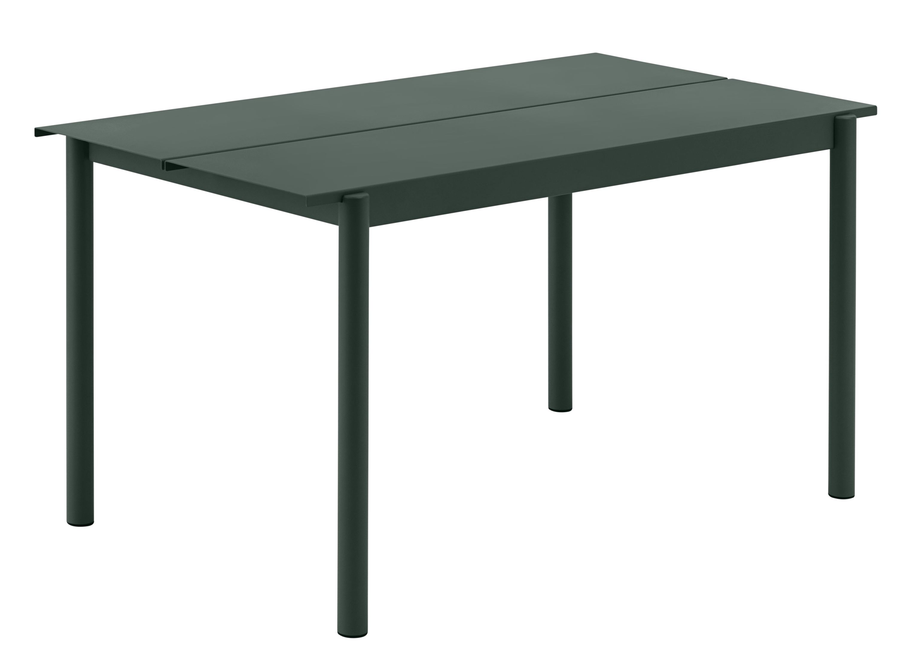 Muuto Linear Steel Outdoor Tisch in Dunkelgrün, minimalistisches Design mit geraden Linien und Stahlgestell.