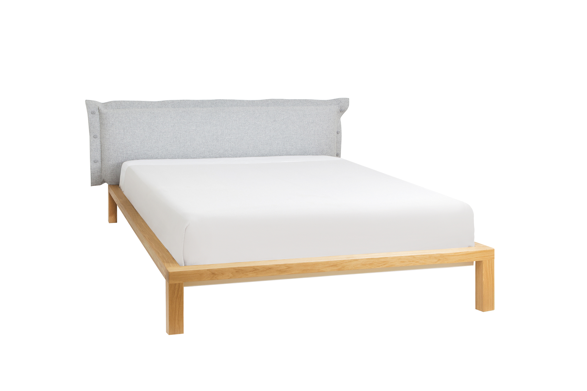 Pure Bett Eiche 180x200 mit grauem Polsterkopfteil von Hans Hansen. Modernes Eichenbett.