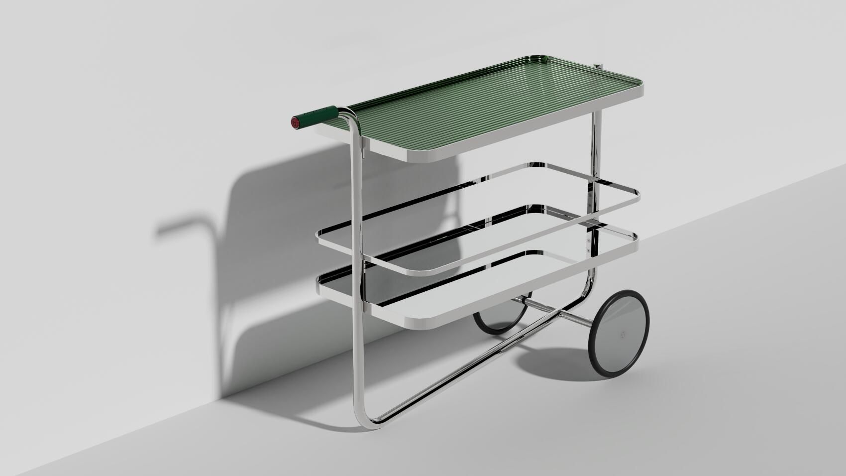 S 179 Tanqueray Barwagen von Thonet mit grüner Ablage und verchromtem Gestell, seitliche Ansicht.