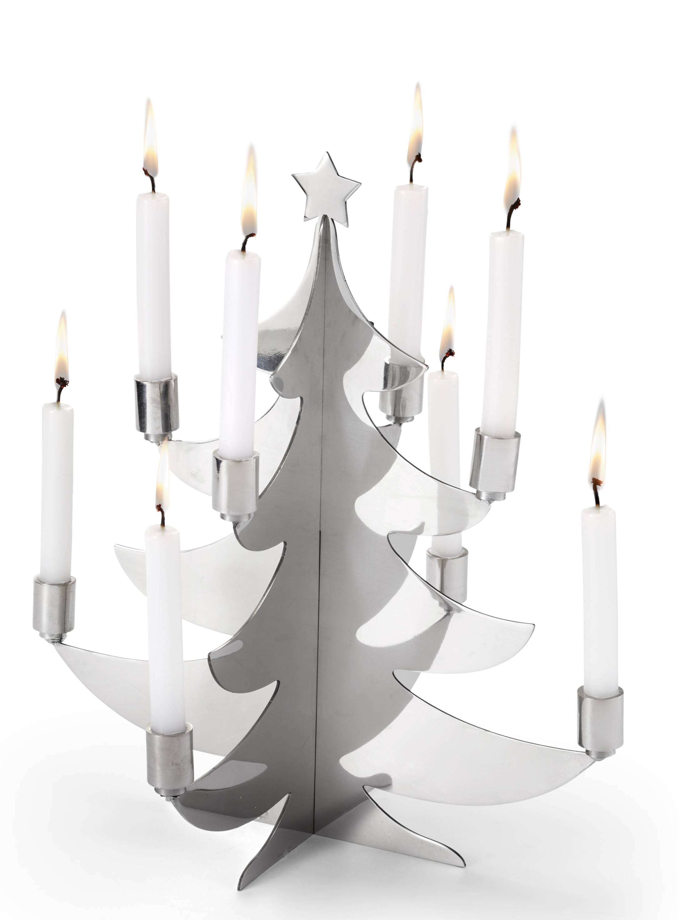 Grenoble Weihnachtsbaum für Kerzen von Philippi, silberner Kerzenhalter in Tannenbaumform mit brennenden, weißen Kerzen.