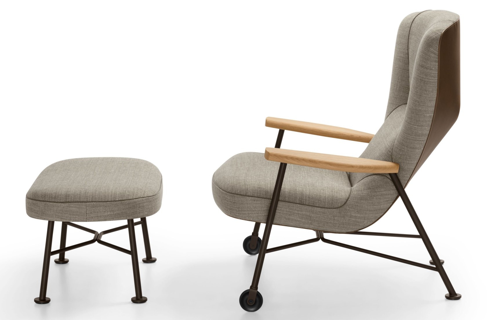 264-H1 Shinzo Hocker von Walter Knoll mit passendem Sessel, grauer Stoffbezug und Holzarmlehnen.