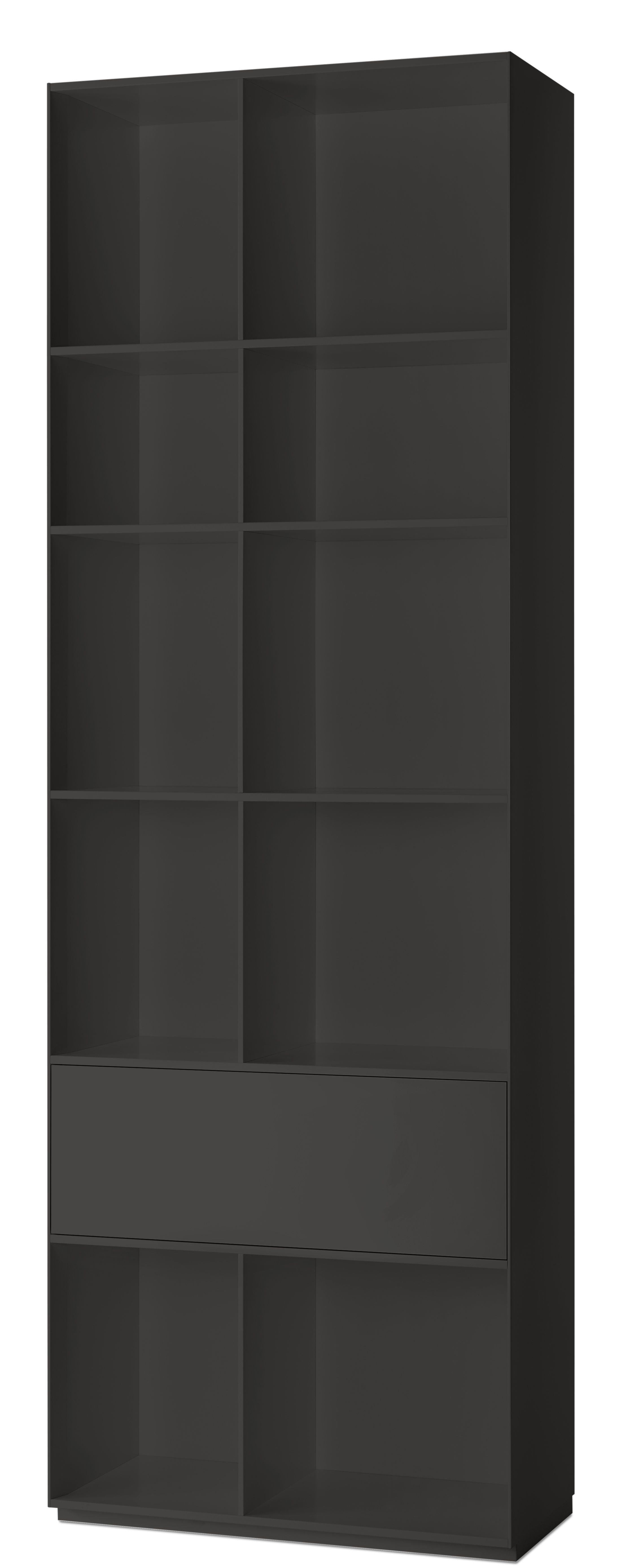 Nex Pur Regal von Piure in Anthrazit mit Schublade und offenen Fächern für Wohnzimmer und Büro.