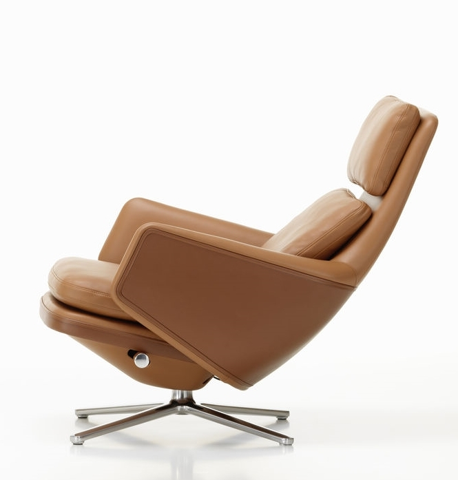 Grand Relax Sessel von Vitra, braunes Leder, drehbarer Relaxsessel mit Ottoman für Wohnzimmer und Büro.