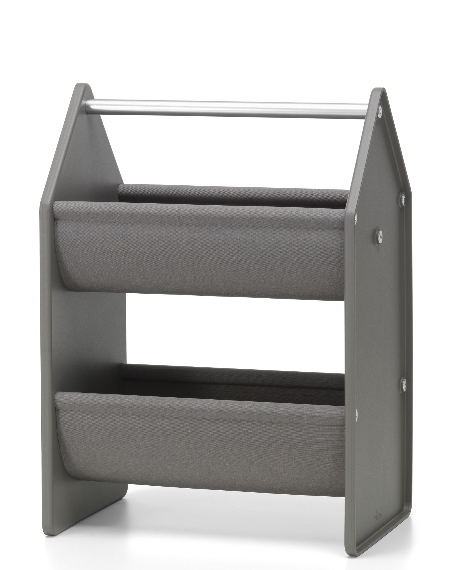 Graue Vitra Drop Box Aufbewahrungsbox mit zwei Fächern und silberner Stange, ideal für Kinderzimmer.