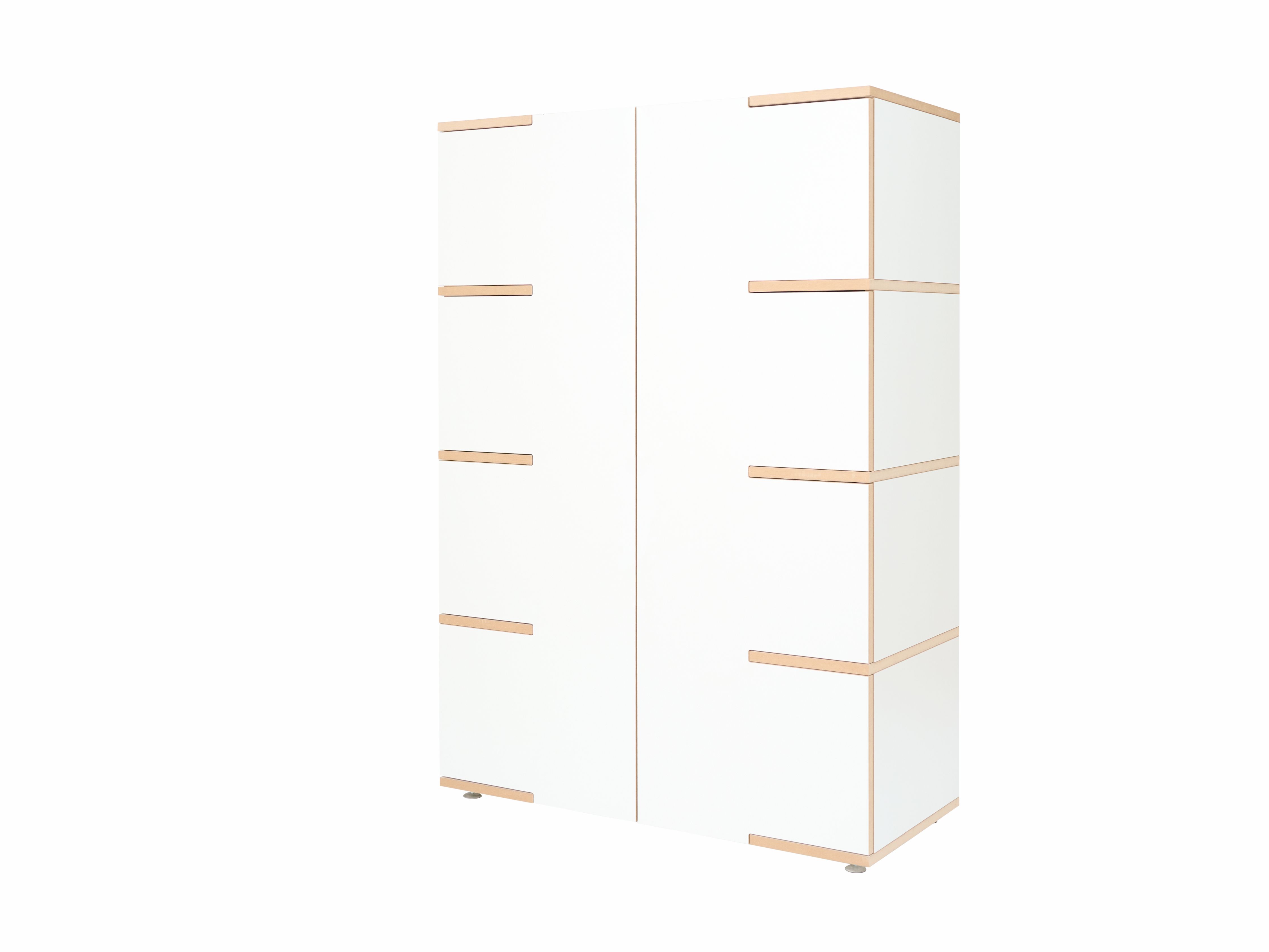Weißes Stau Sideboard von Tojo mit Holzkanten und Füßen, modernes Möbelstück für Wohnzimmer und Büro.