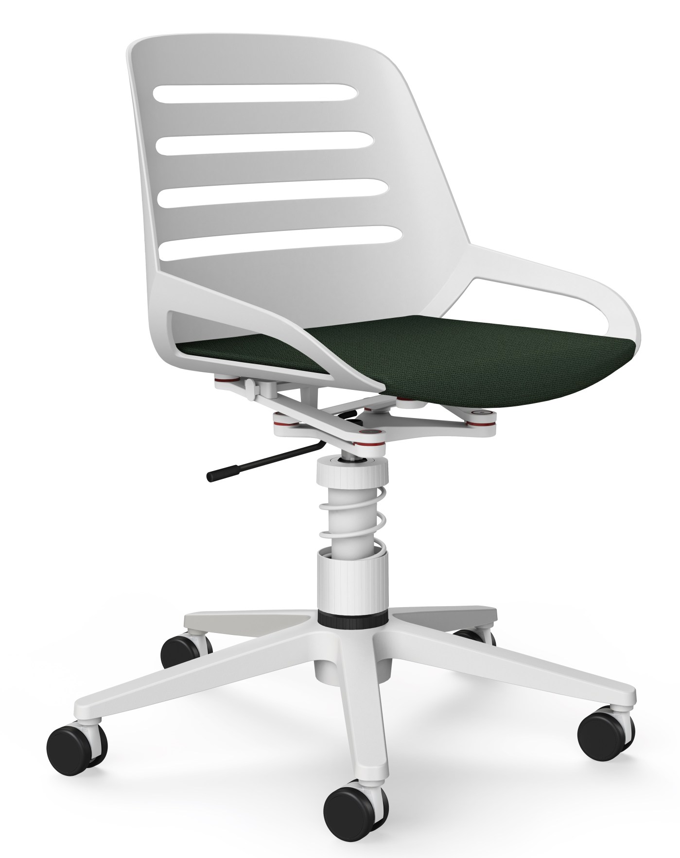 Numo Task Bürodrehstuhl von Aeris in Weiß mit Federbein und Rollen, ergonomischer Arbeitsstuhl für Büro und Homeoffice.