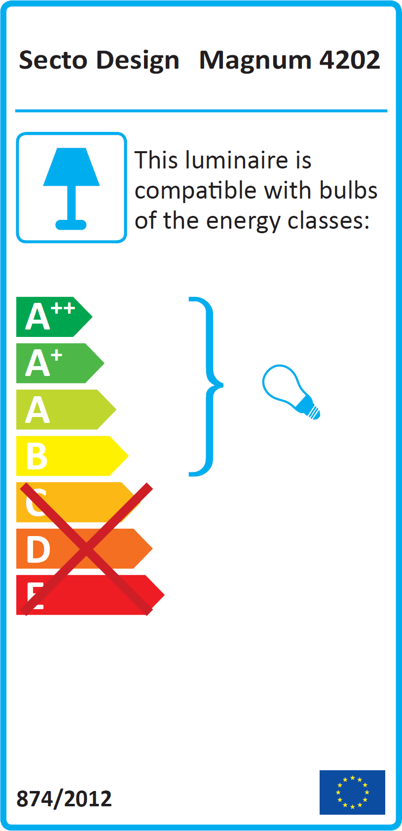 Energieeffizienzlabel der Secto Design Magnum 4202 Pendelleuchte, kompatibel mit Leuchtmitteln der Energieklassen A++ bis B.