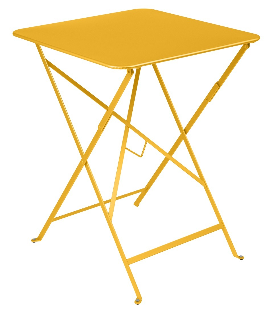 Gelber, eckiger Bistro Klapptisch von Fermob für den Außenbereich, ideal für Balkon und Garten.