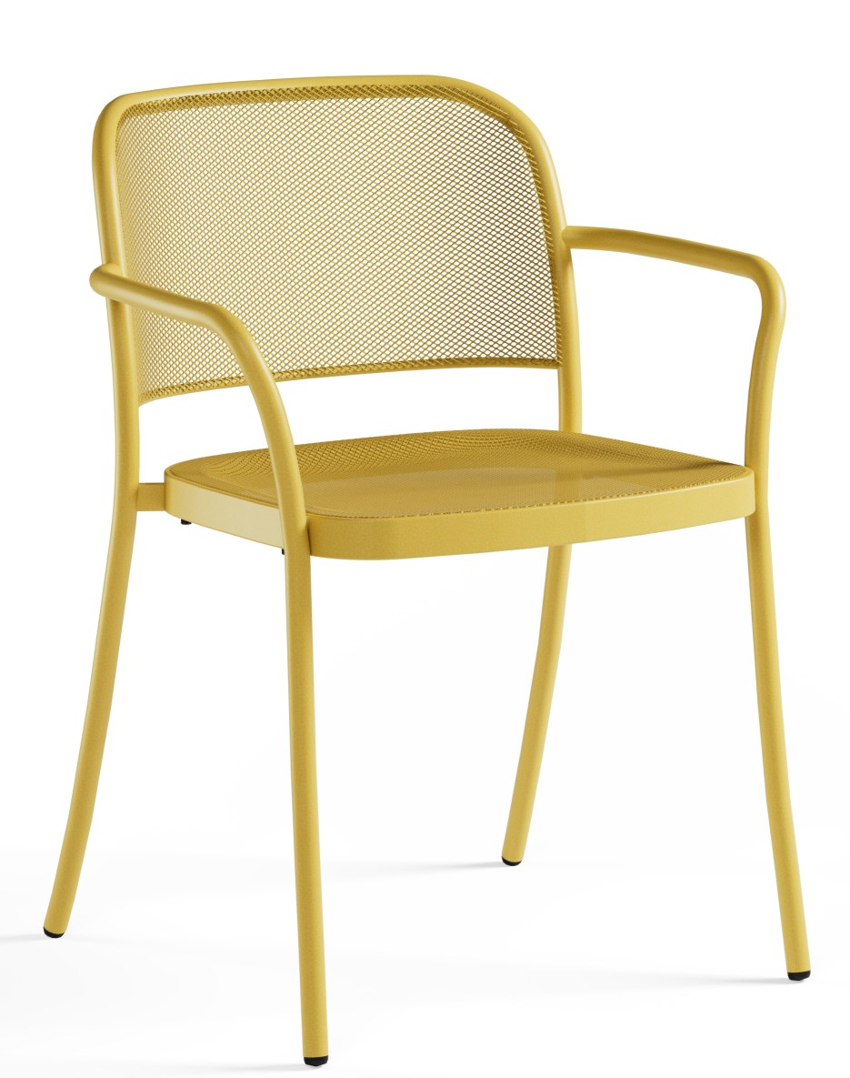 Gelber Cafè Armchair Armlehnen Stuhl von Emu für den Außenbereich, Metallstuhl mit Netzstruktur und minimalistischem Design.