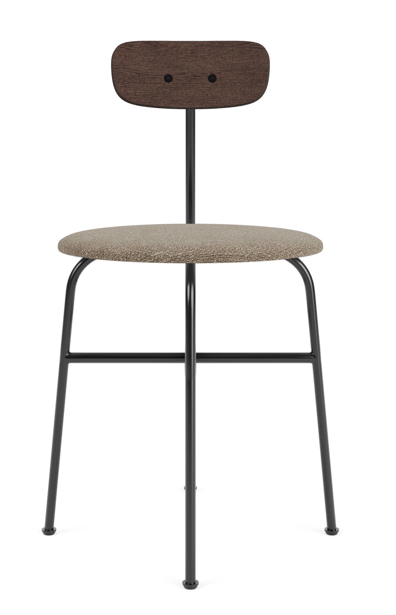 Afteroom Stuhl von Audo Copenhagen: Esszimmerstuhl mit braunem Holzrücken, beigem Sitz und schwarzem Metallgestell.