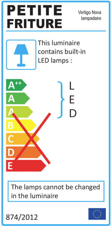 Energieeffizienzlabel der Petite Friture Vertigo Nova Stehleuchte mit integrierten LED-Lampen, die nicht austauschbar sind.