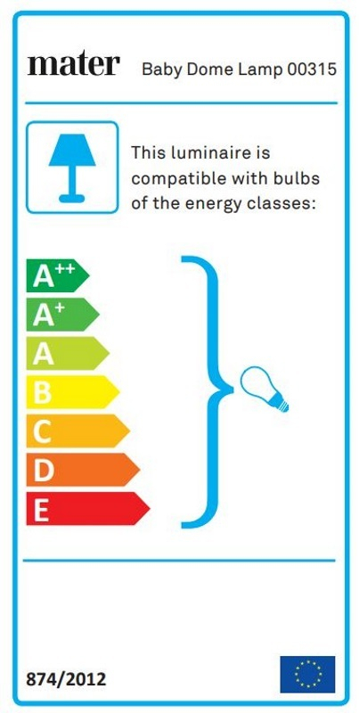 Energieeffizienzlabel für die Mater Baby Dome Lampe, das die Kompatibilität mit verschiedenen Energieklassen zeigt.