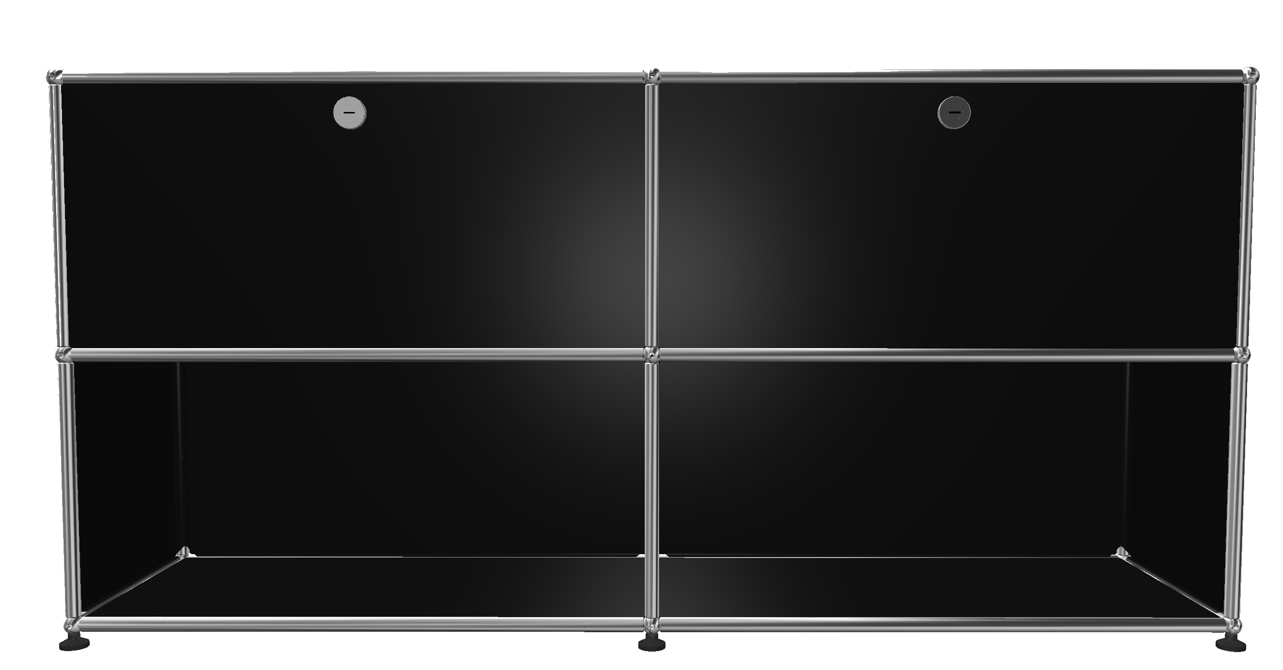 USM Haller Sideboard graphitschwarz mit zwei Schubladen und offenen Fächern, modernes modulares Design.