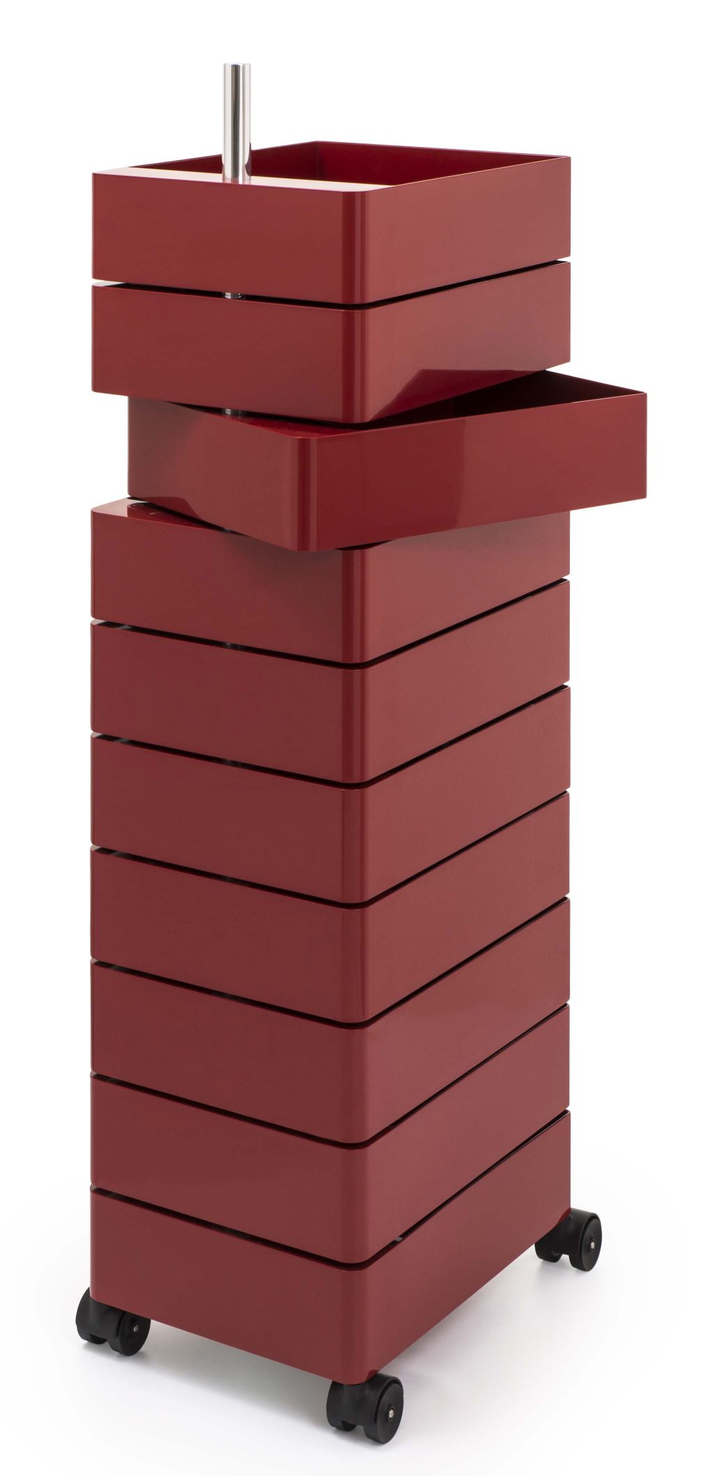 Roter 360° Container von Magis mit Rollen und mehreren Schubladen, eine Schublade ist geöffnet.