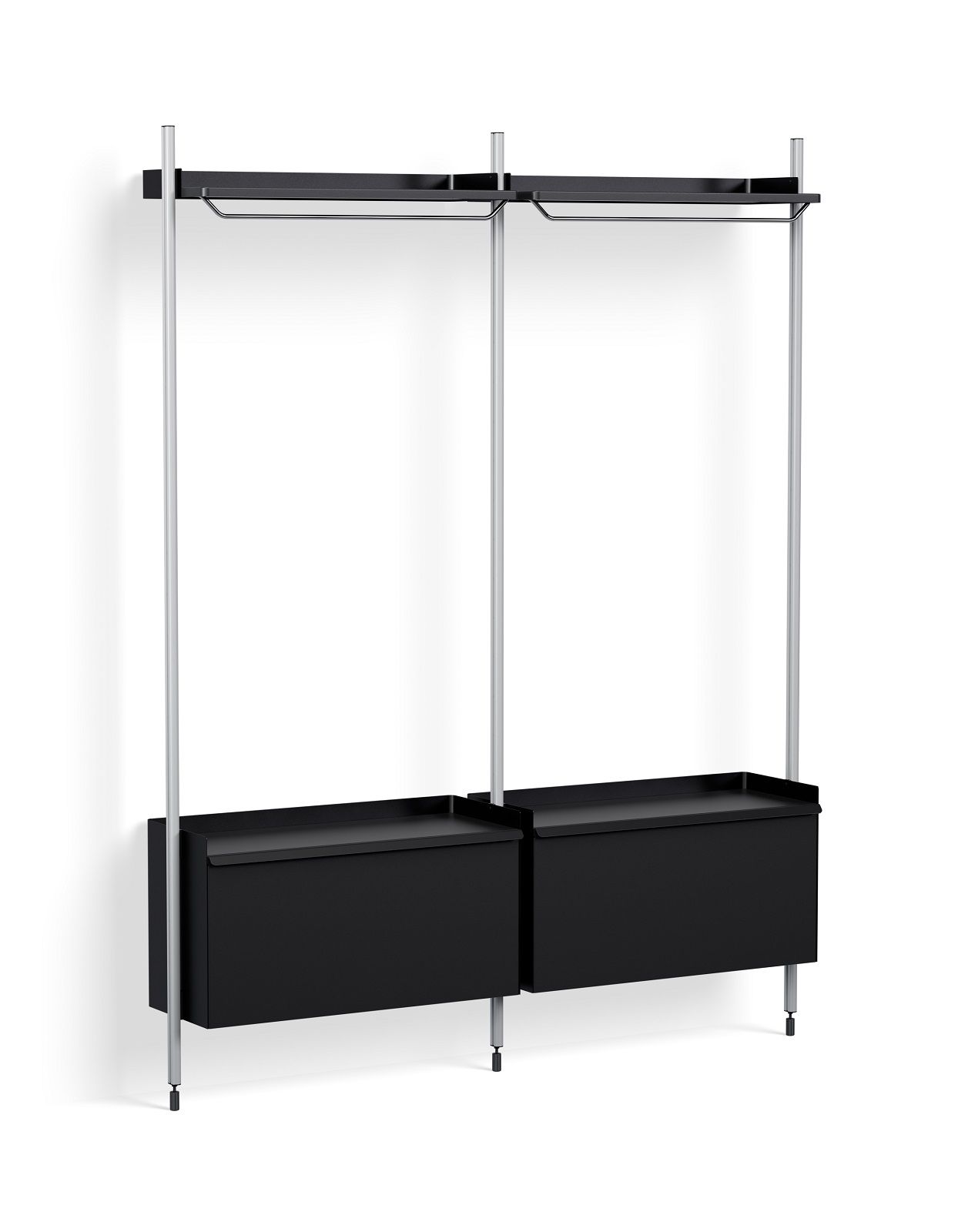Schwarzes Hay Pier System Regal mit zwei Säulen und Kleiderstangen aus Aluminium.
