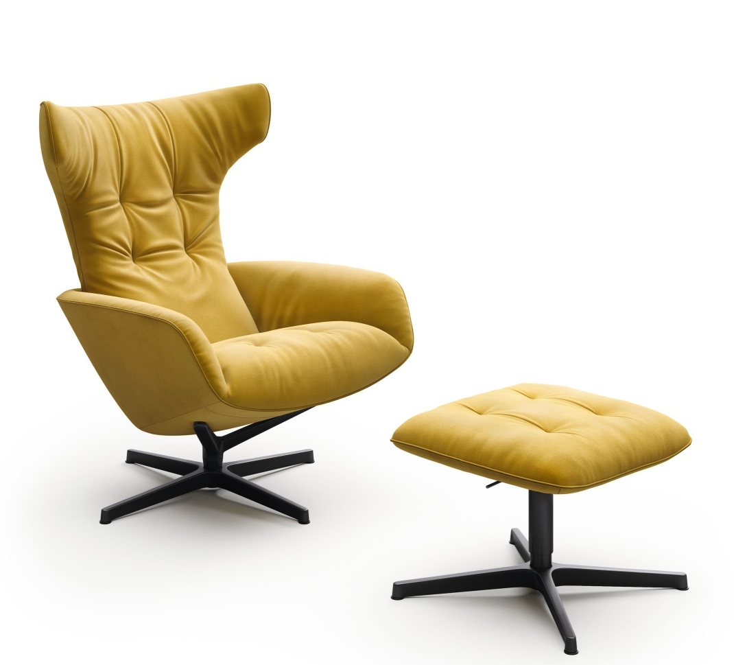 Gelber Walter Knoll Sessel mit hoher Rückenlehne und passendem Hocker, modernes Möbeldesign.