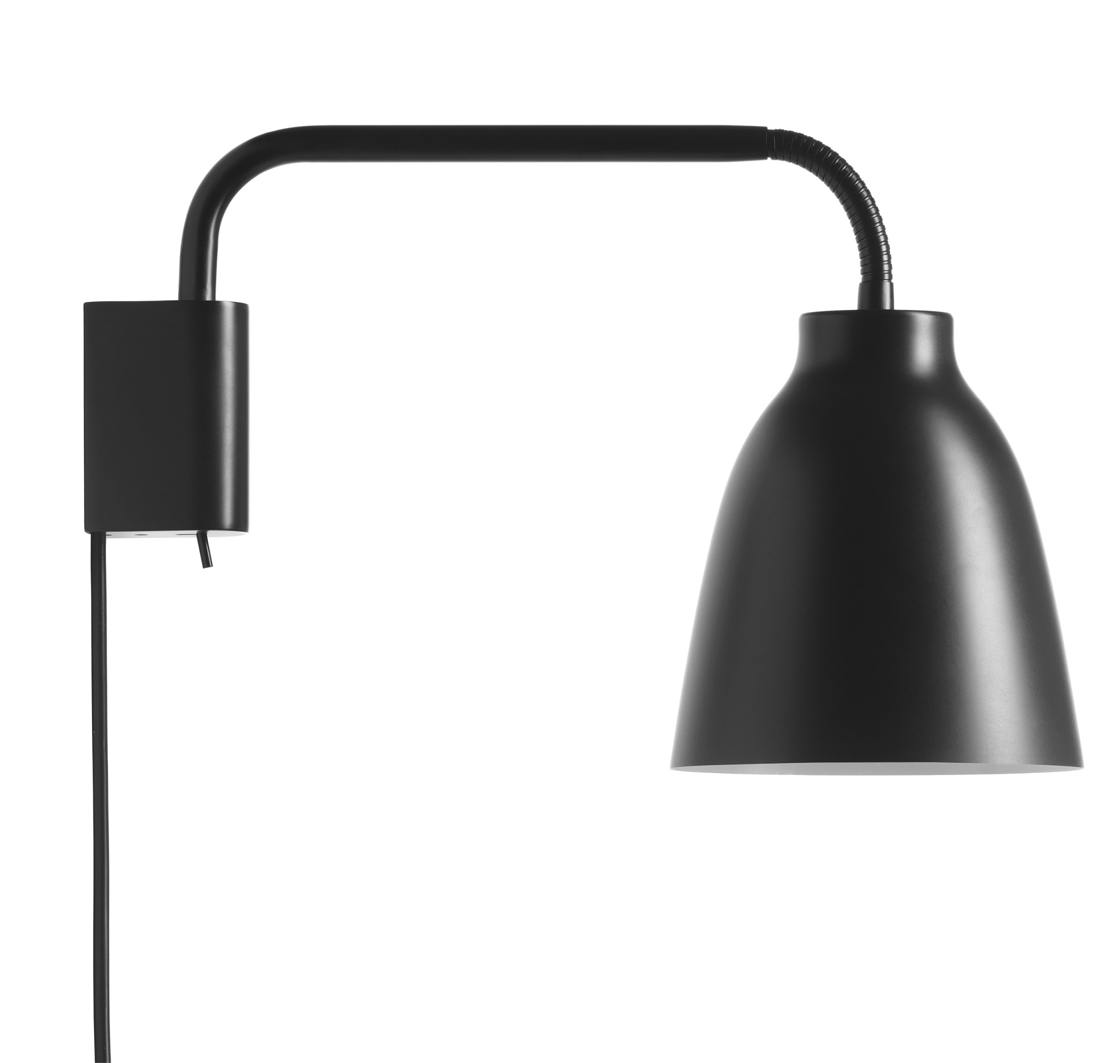 Schwarze Caravaggio Read Wandleuchte von Fritz Hansen mit schwenkbarem Lampenschirm und Kabel für Schlafzimmer.