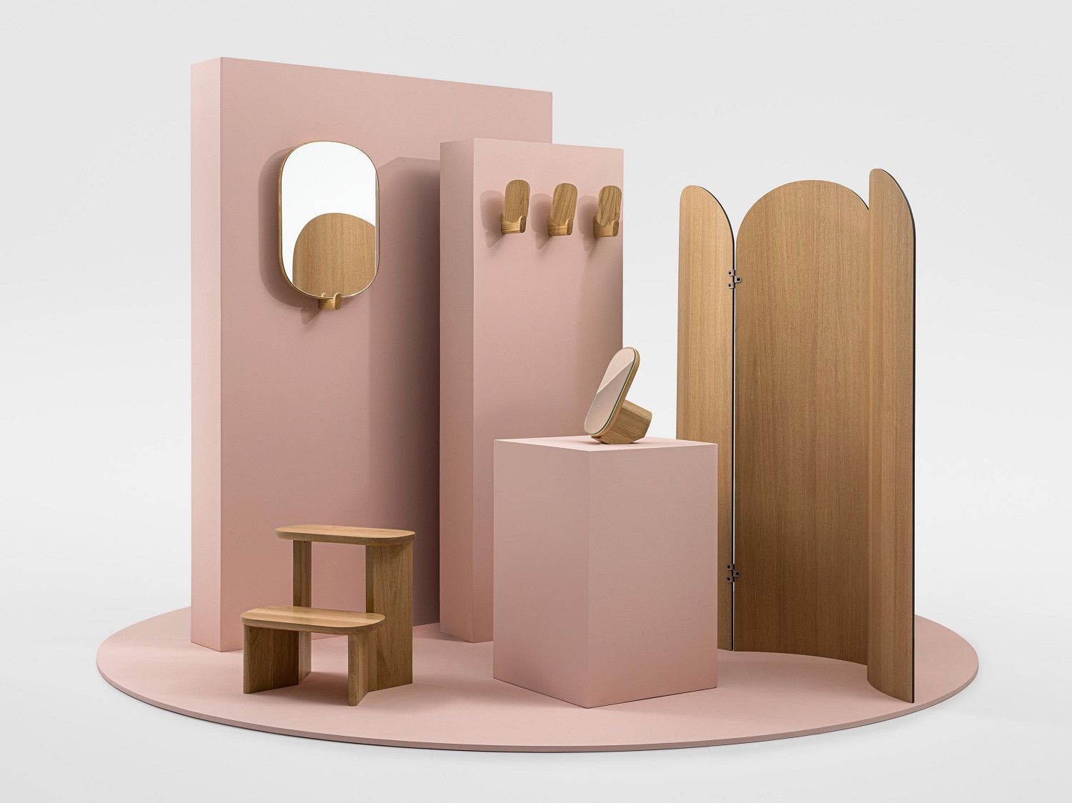 Produktfoto: Ad Hook Wandhaken 3er Set aus Massivholz, Teil einer Rauminstallation.