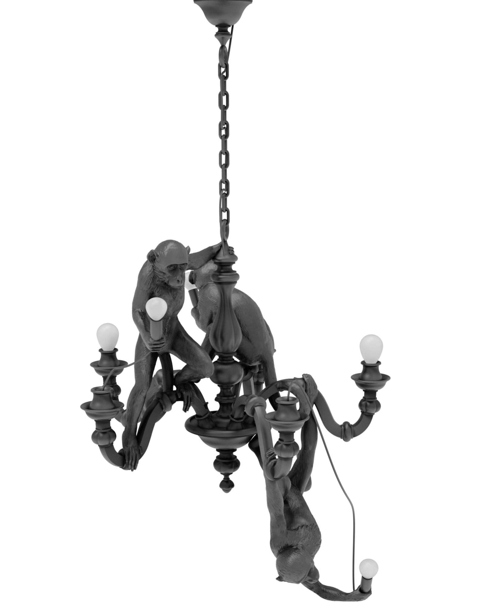 Schwarze Monkey Chandelier Pendelleuchte von Seletti: Affen halten Glühbirnen an einer ungewöhnlichen Designerlampe.