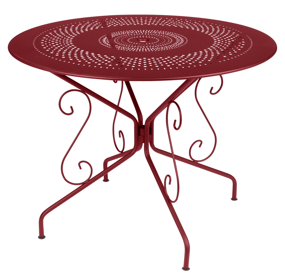 Runder, roter Montmartre Tisch von Fermob für den Außenbereich mit filigranem Design.