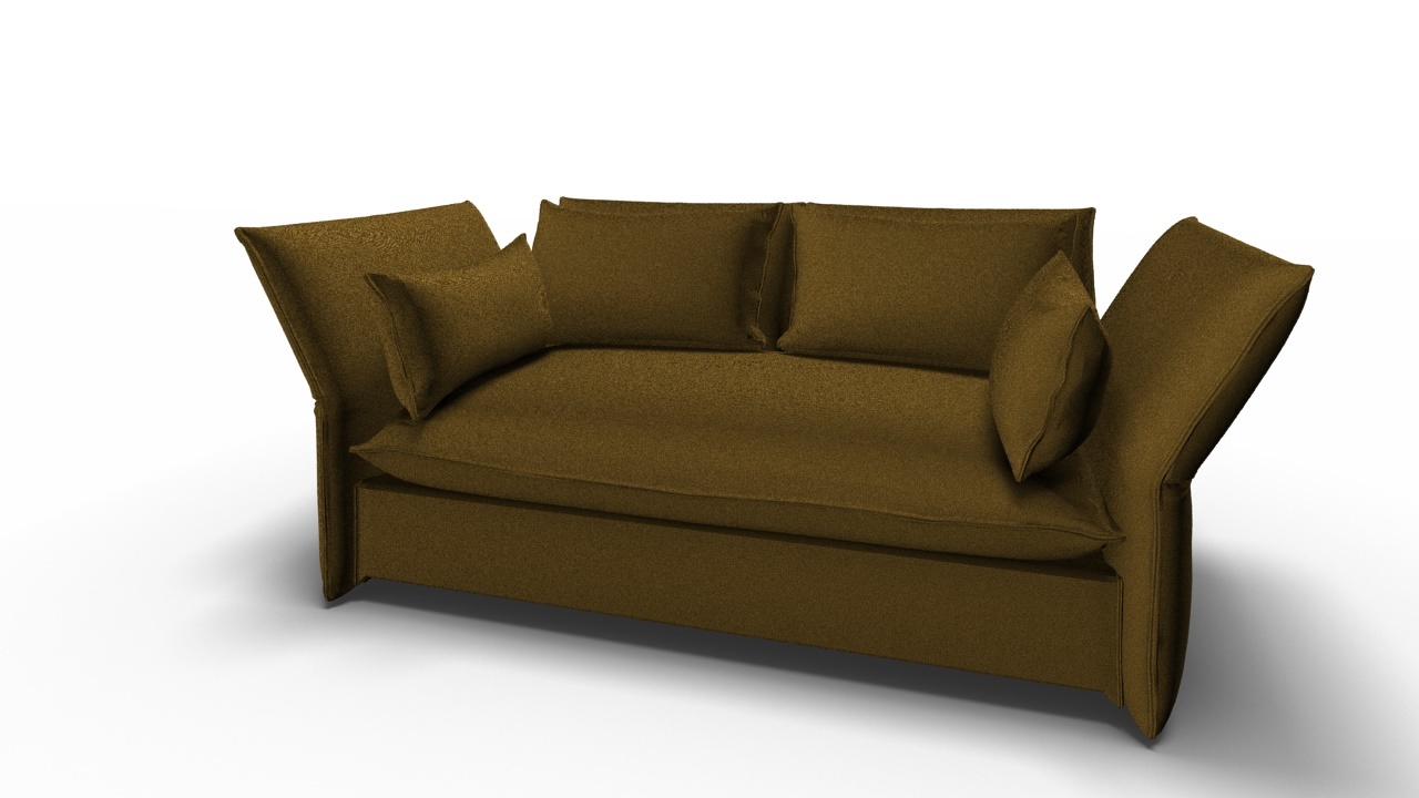 Mariposa Sofa, 2-Sitzer, in goldbraunem Stoffbezug. Modernes Sofa mit losen Kissen.